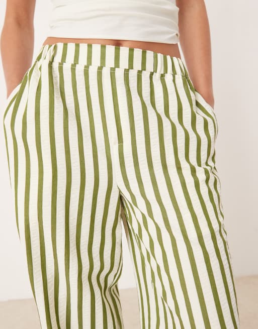 ASOS DESIGN Petite straight leg seersucker pants in khaki stripe, 3 of 5