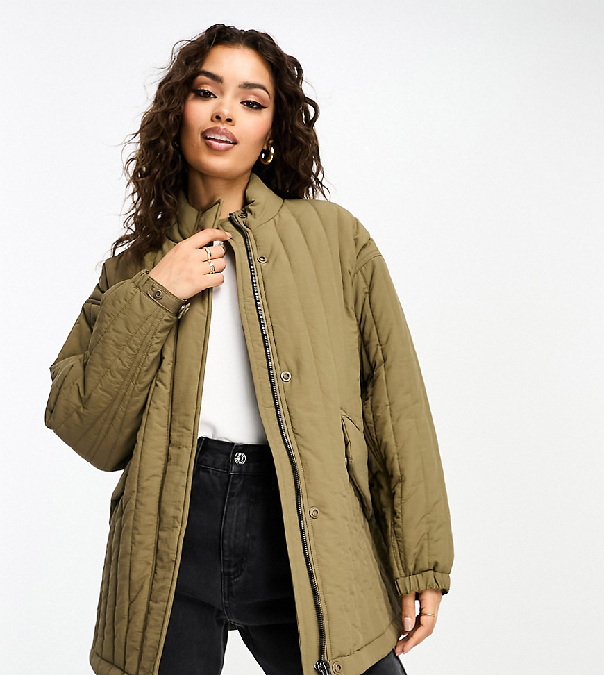 ASOS DESIGN Petite straight line quilted cotton jacket in khaki-Green