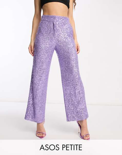 ASOS DESIGN Petite straight sequin ankle grazer pants in purple - view 1