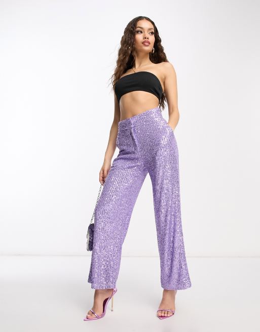 ASOS DESIGN Petite straight sequin ankle grazer pants in purple