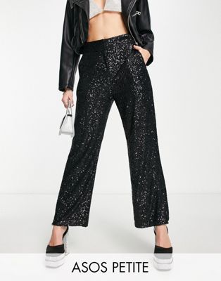 ASOS DESIGN Petite straight sequin ankle grazer trousers in black | ASOS