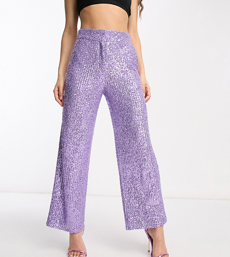 ASOS DESIGN Petite straight sequin ankle grazer trousers in purple