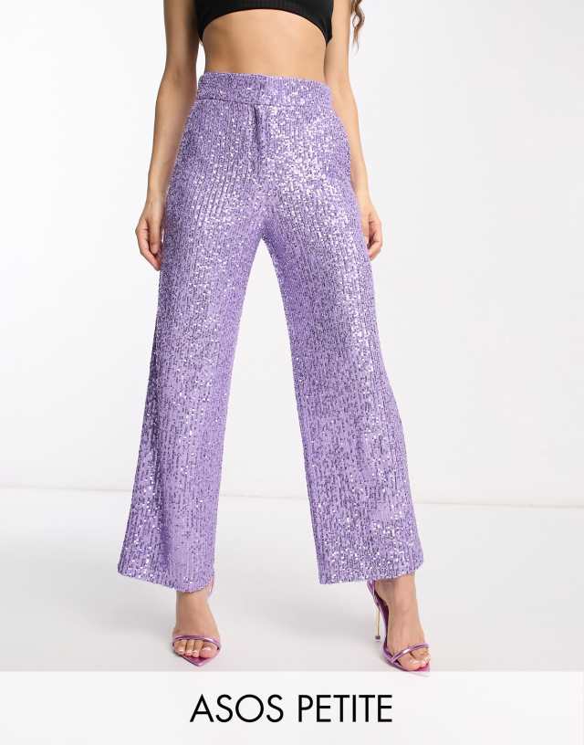 ASOS Petite - ASOS DESIGN Petite straight sequin ankle grazer trousers in purple