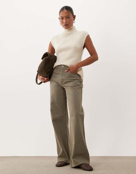 ASOS DESIGN Petite straight wide leg jeans in khaki - view 1