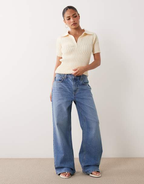 ASOS DESIGN Petite straight wide leg jeans in mid wash blue - view 1