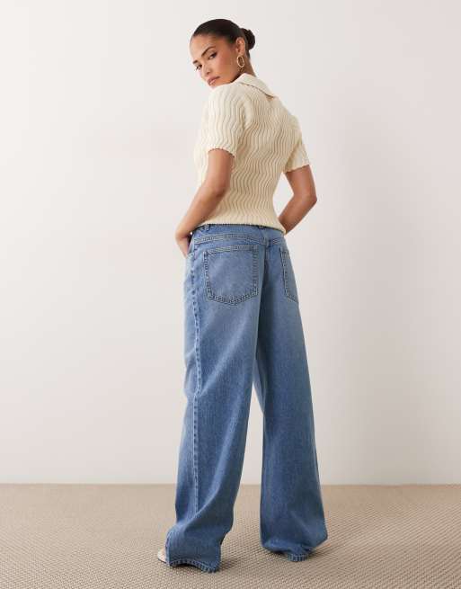 ASOS DESIGN Petite Straight-Wide-Leg-Jeans in mittlerer Waschung Blau, 3 von 5