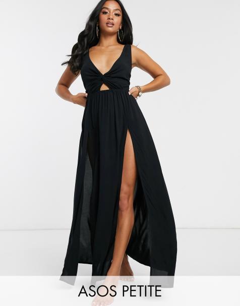 ASOS DESIGN PETITE – Strandmaxikleid mit Schnürung hinten und verdrehtem Design vorne in Schwarz
