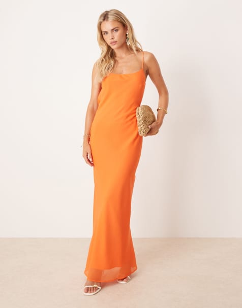 ASOS DESIGN  Petite strap cowl back slip midi dress in bright orange - view 1