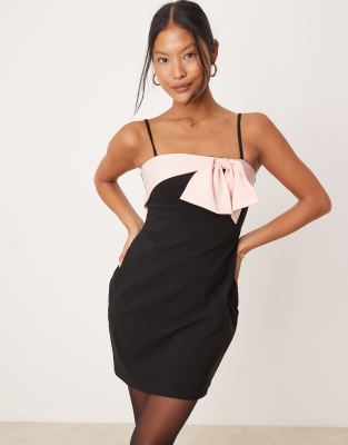 ASOS DESIGN Petite strappy cami mini dress with bow detail in pink-Black