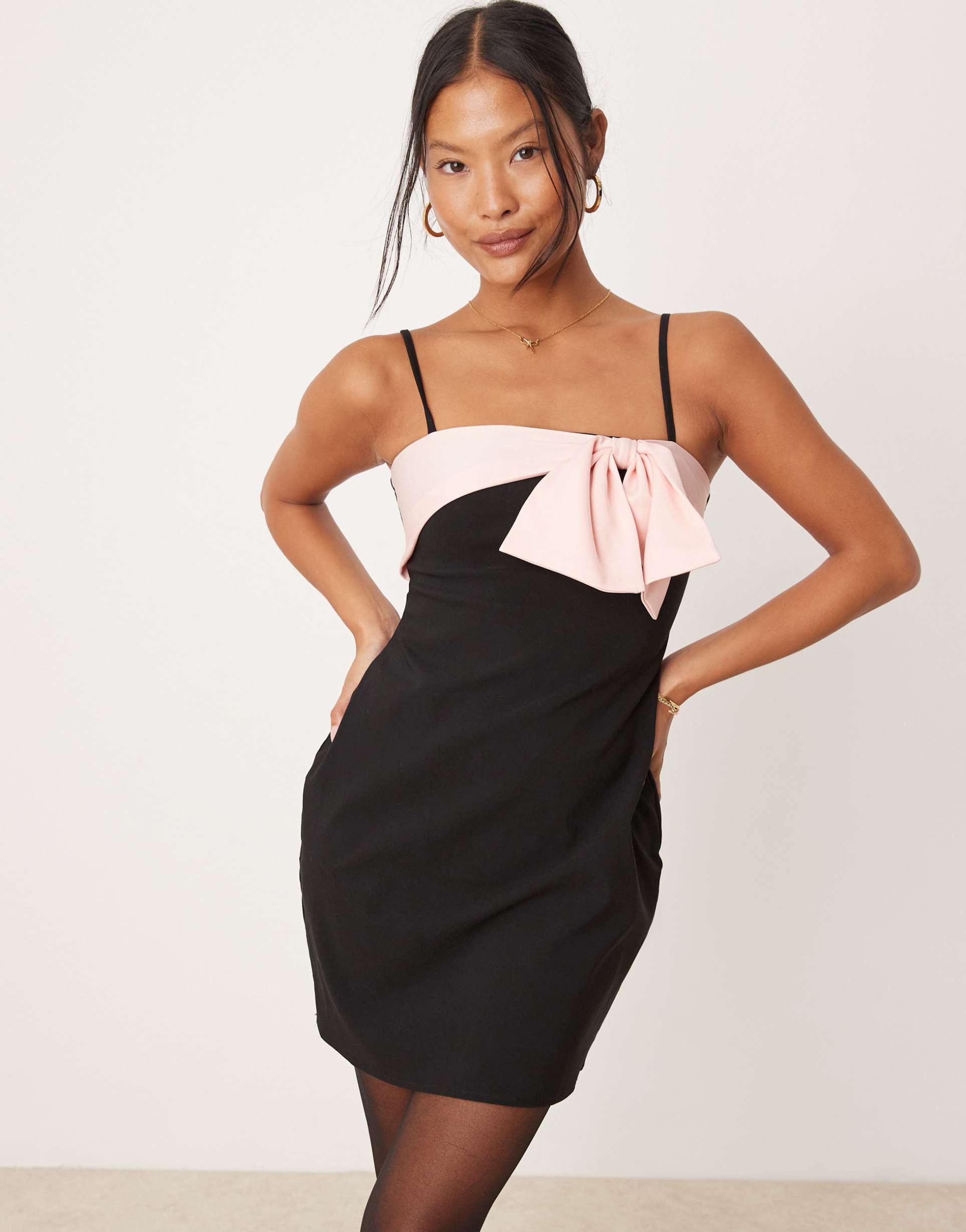 asos design petite strappy cami mini dress with bow detail in pink