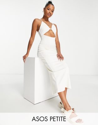 ASOS DESIGN Petite strappy cut out bust detail midi dress in cream-White