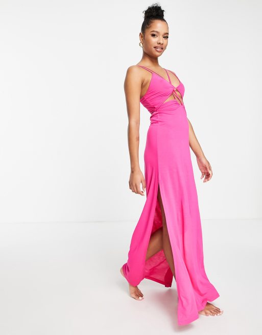 ASOS DESIGN Petite strappy detail jersey beach maxi dress in pink | ASOS