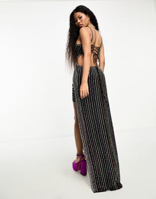 ASOS DESIGN Petite strappy embellished maxi dress with linear gem beading in black ASOS