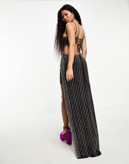 Asos design maxi dress with cheap linear sequin and yellow floral beading