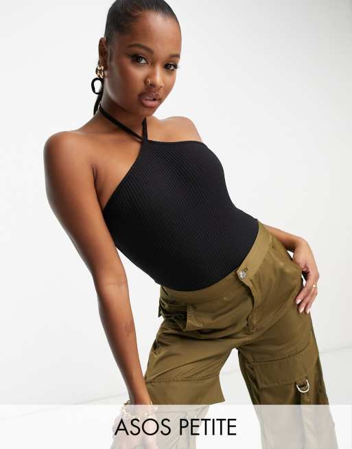 Black Halterneck Ribbed Crop Top, Tops