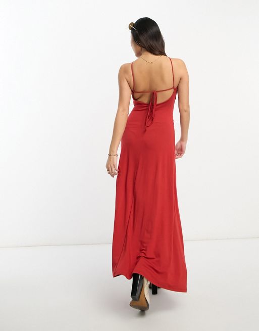 ASOS DESIGN backless strappy fishtail maxi dress in burgundy