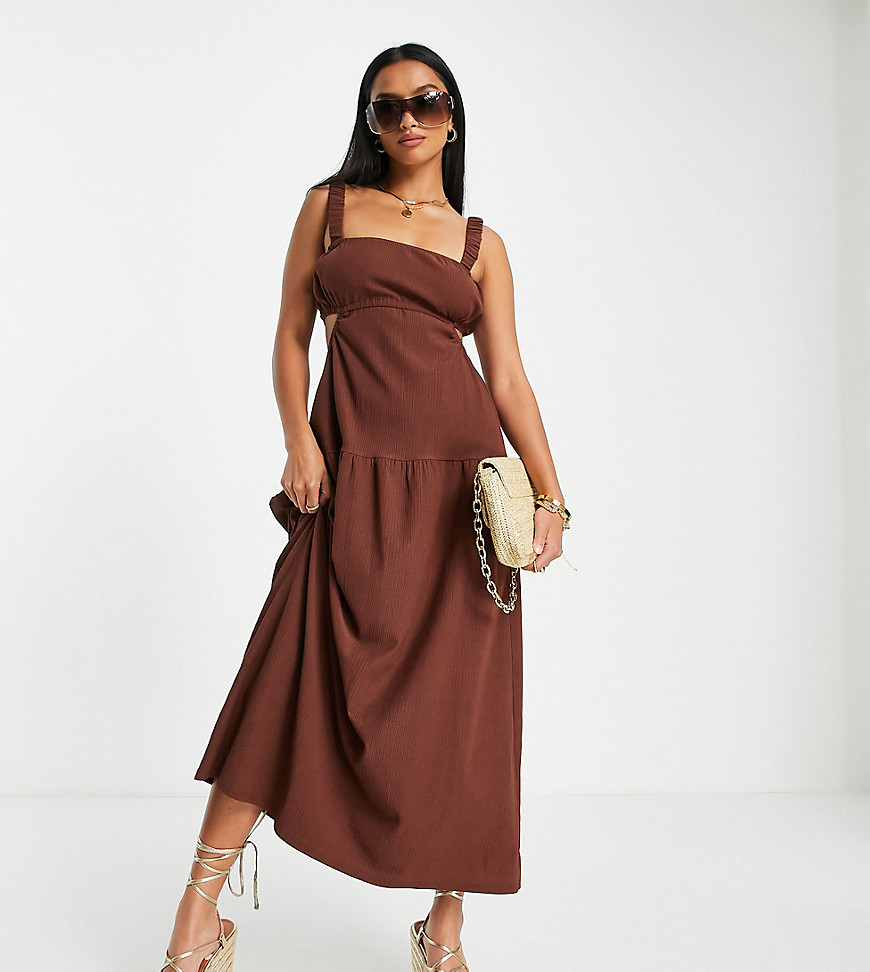 ASOS DESIGN Petite strappy midi dress with cut outs and tie back detail in brown