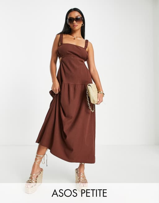 ASOS DESIGN Petite strappy midi dress with cut outs and tie back detail in brown ASOS