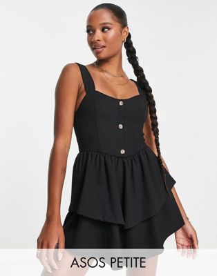 ASOS DESIGN Petite strappy mini dress with ra ra skirt and buttons in black | ASOS