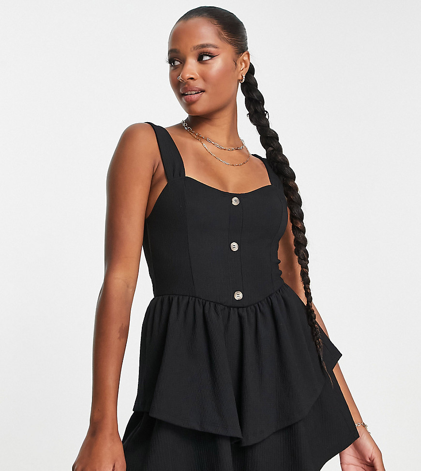 ASOS DESIGN Petite strappy mini dress with ra ra skirt and buttons in black