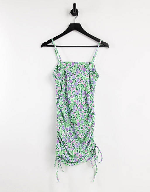  Petite strappy mini sundress with ruched side in green and purple floral print 