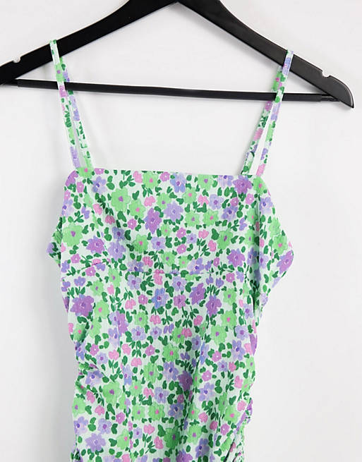 Dresses Petite strappy mini sundress with ruched side in green and purple floral print 
