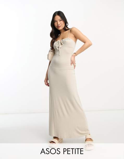 ASOS DESIGN Petite strappy ruched bust midi dress in stone - view 1
