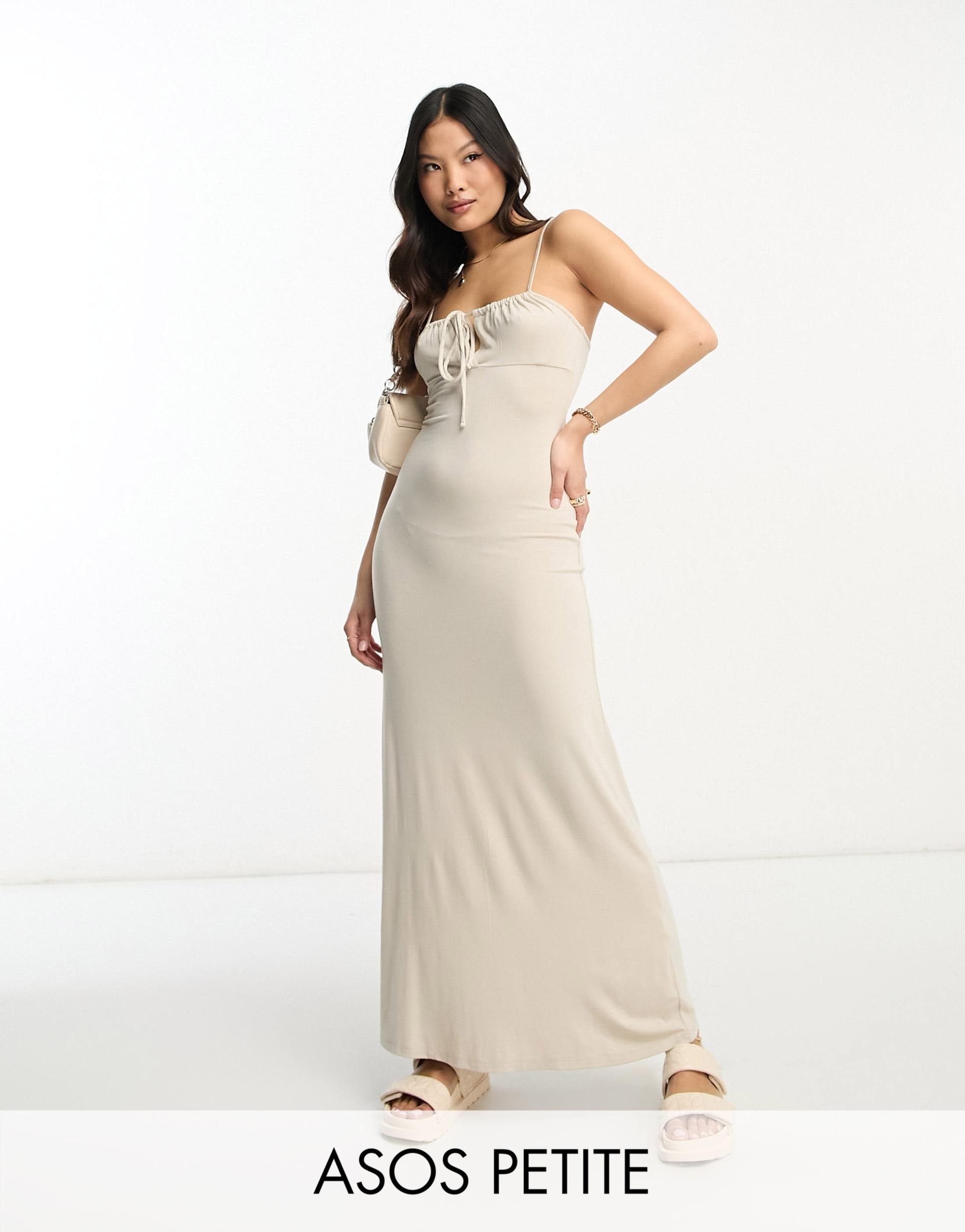 asos design petite strappy ruched bust midi dress in stone