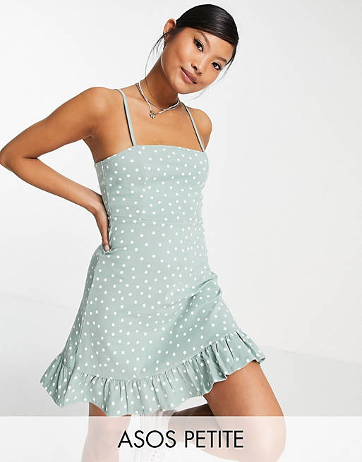 Asos Women Clothing Dresses Summer Dresses Petite strappy sundress with pep hem in sage with white polka dot 