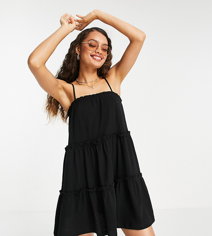 ASOS DESIGN Petite strappy sundress with tiered frill detail in black