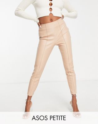ASOS DESIGN Petite stretch faux leather cigarette trouser in stone-Pink