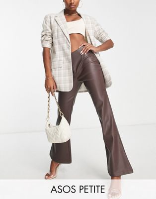 ASOS DESIGN Petite stretch faux leather flare trouser in chocolate