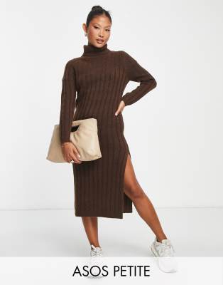 ASOS DESIGN Petite - Strick-Midikleid in Braun mit Rollkragen