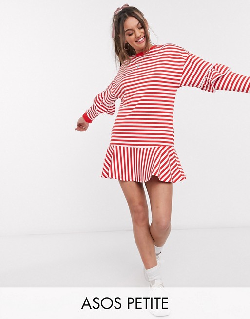 ASOS DESIGN Petite ruffle sweat mini dress in red and white stripe