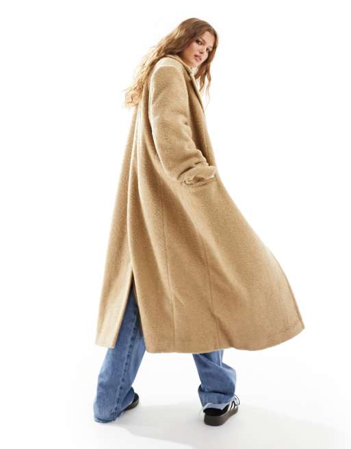 ASOS DESIGN Petite strong shoulder coat in camel boucle