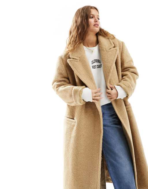 ASOS DESIGN Petite strong shoulder coat in camel boucle ASOS