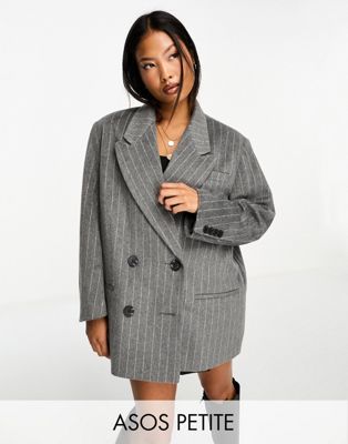 ASOS DESIGN Petite strong shoulder grandad jacket in grey pinstripe - ASOS Price Checker