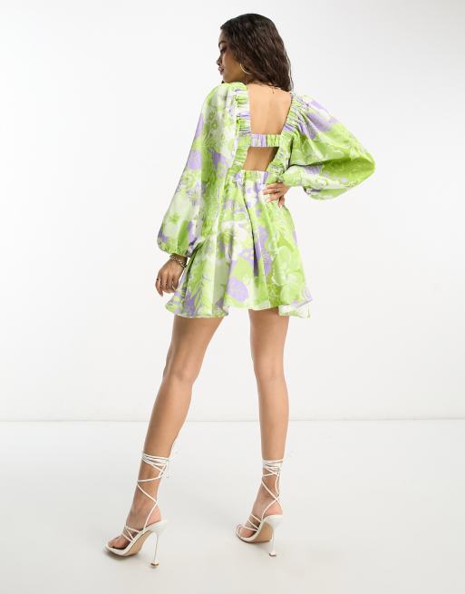 ASOS DESIGN Petite structured batwing balloon sleeve mini dress in floral print, 2 of 4