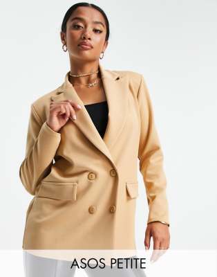 ASOS DESIGN Petite structured jersey double breasted blazer in camel-Neutral