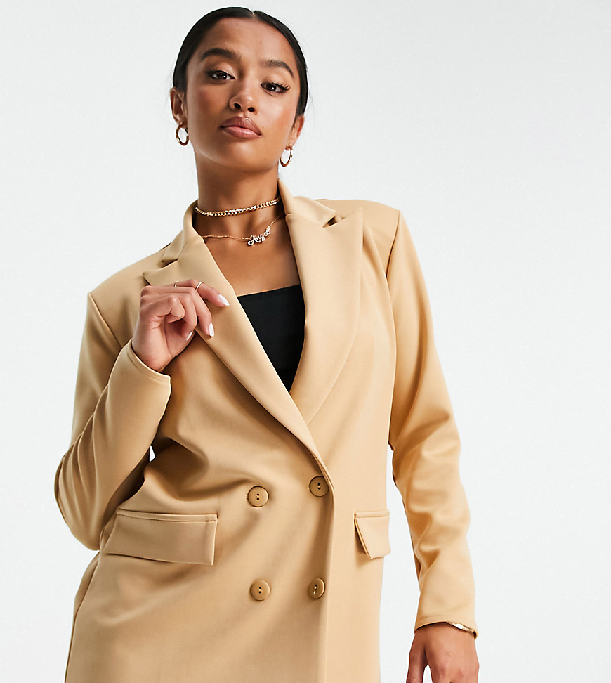 ASOS DESIGN Petite structured jersey double breasted blazer in camel-Neutral