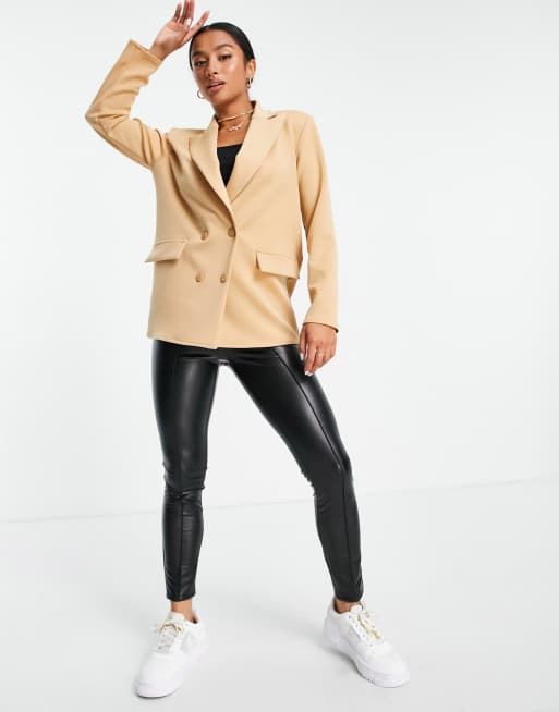 ASOS DESIGN Petite structured jersey double breasted blazer in camel, 2 of 4