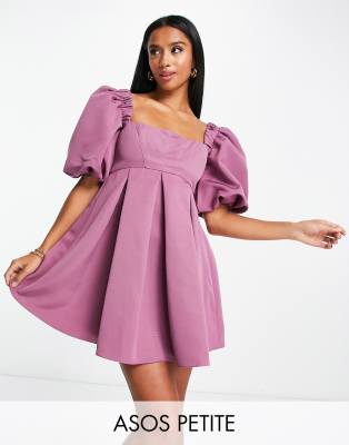 ASOS DESIGN petite structured prom mini dress with curved neckline detail in mauve