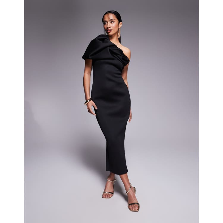 ASOS DESIGN Petite structured puff sleeve bandeau midi dress in black in scuba-style fabric