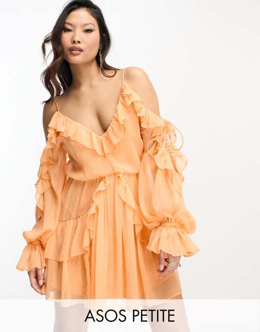 FhyzicsShops DESIGN Petite studded tie detail ruffle wrap mini dress in peach