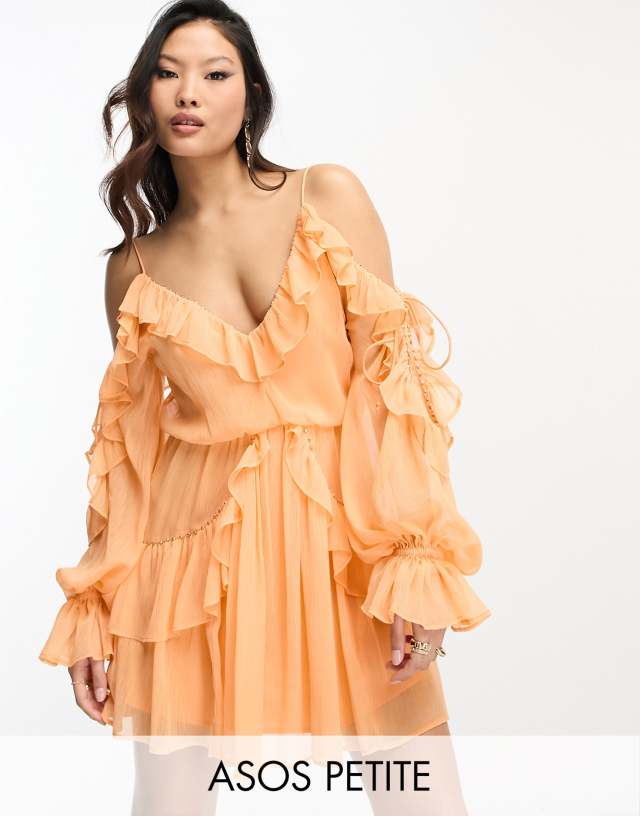 ASOS DESIGN Petite studded tie detail ruffle wrap mini dress in peach