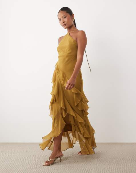 ASOS DESIGN Petite sukienka maxi krojona ze skosu z falbanami przy dole i asymetrycznym dołem w kolorze tobacco - view 1