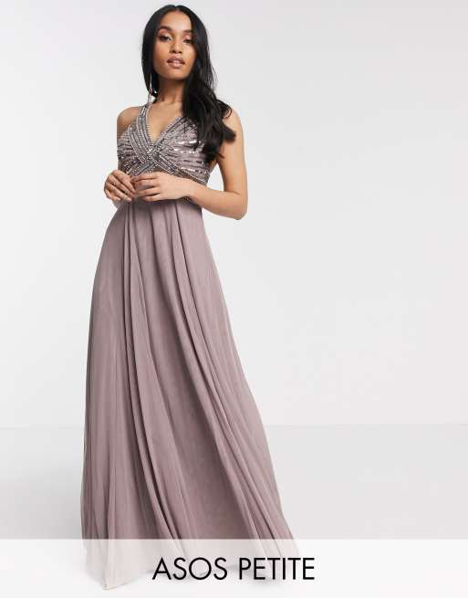 ASOS DESIGN Petite – Sukienka maxi w kolorze zgaszonego fioletu z górą zdobioną regularnym wzorem i spódnicą z tiulu