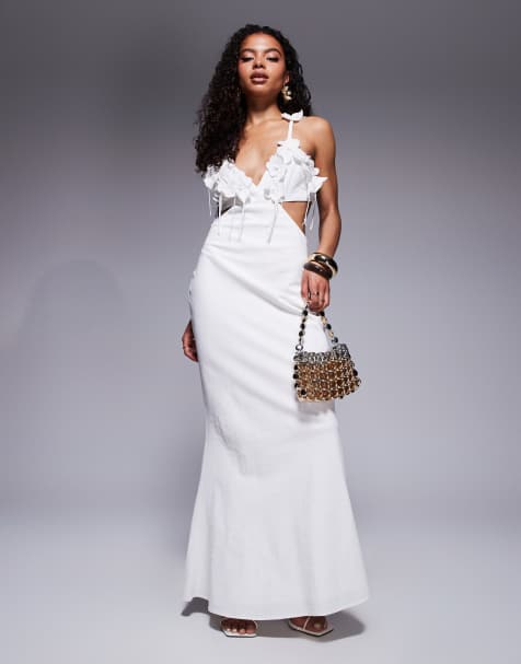 ASOS DESIGN Petite – Sukienka maxi z materiału dodatkiem lnu w kolorze kości słoniowej ze zdobioną szydełkową górą i wycięciami - view 1
