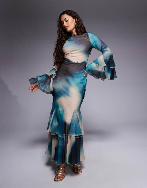 ASOS DESIGN Petite – Sukienka maxi ze skosu w marmurkowy wzór z asymetrycznymi falbanami u dołu