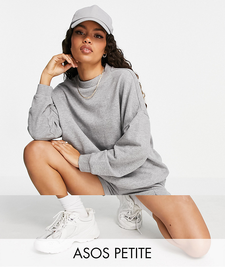Asos Design Petite Summerweight Tracksuit Oversized Sweat / Sweat Short With Pintuck In Grey Marl